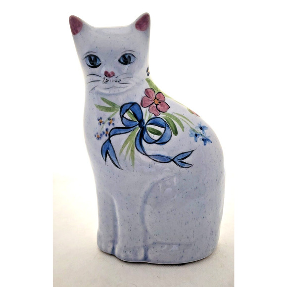 CERAMIC SITTING CAT-N.S. GUSTIN CO.-White-Floral-Shelf Decor-Hand Decorated - Picture 8 of 12